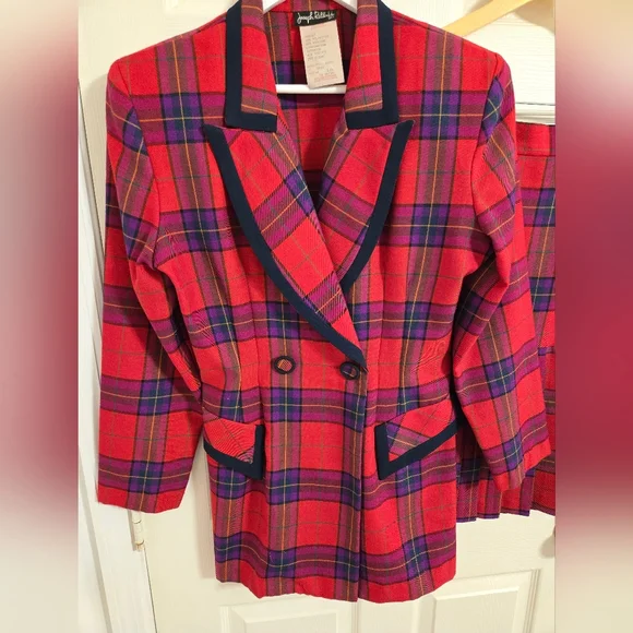 Joseph Ribkoff Vintage Plaid Red and Purple Women's Blazer and Skirt Set Size 10 - Picture 3 of 12